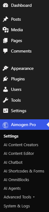 WordPress admin sidebar with the Aimogen Pro top-level menu expanded