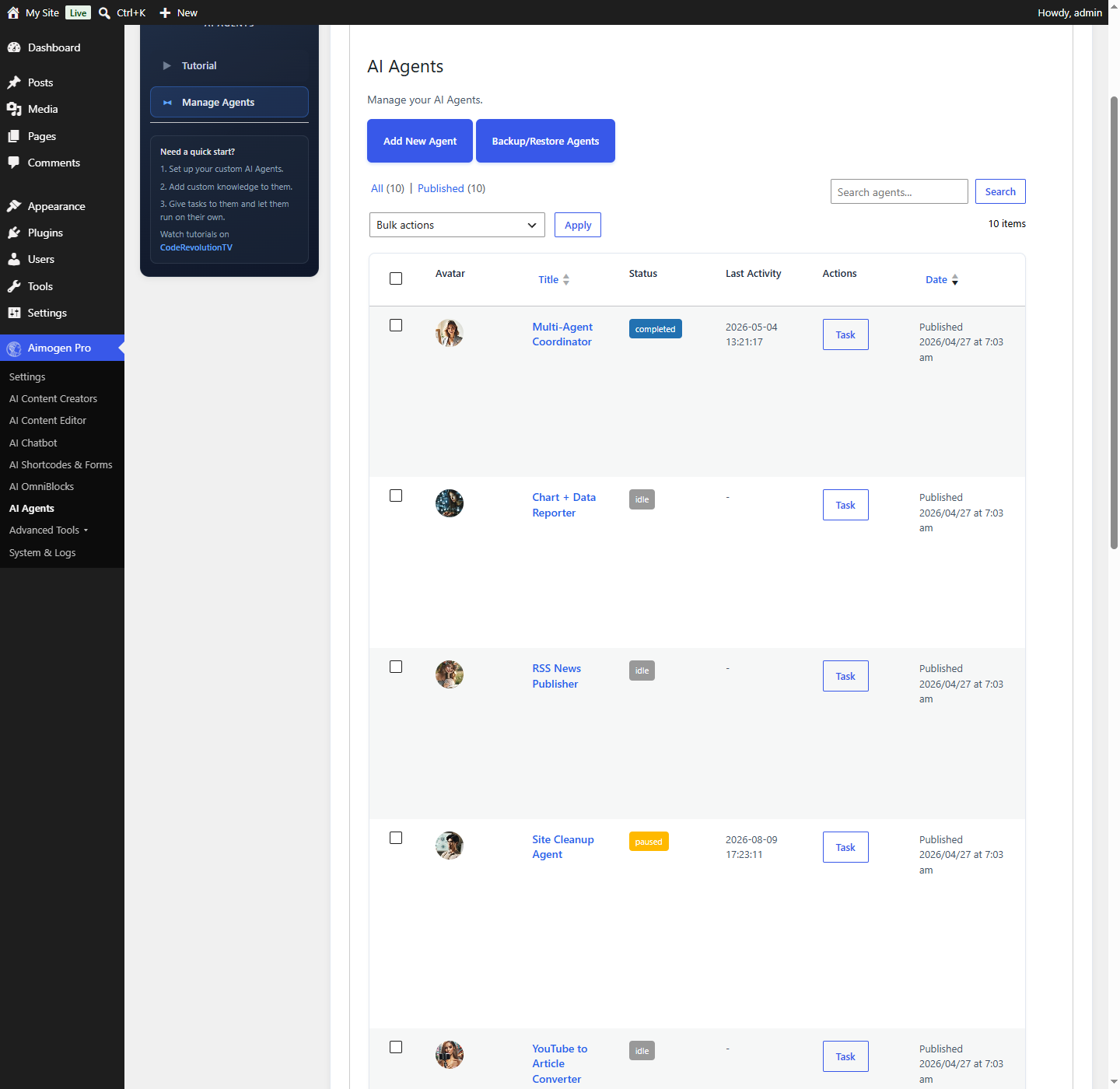 Aimogen Pro > AI Agents agent editor