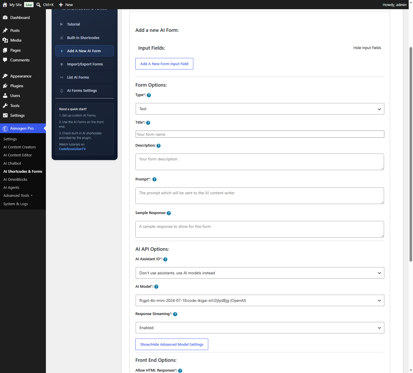 Aimogen Pro > AI Shortcodes & Forms > Add A New AI Form