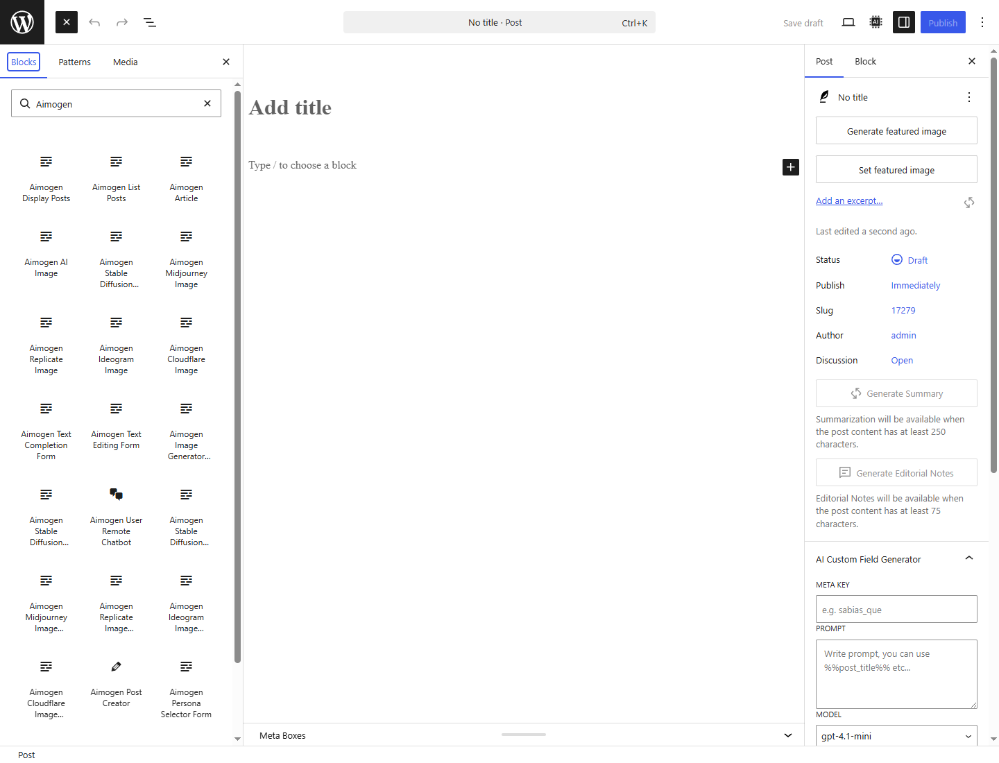 The WordPress block inserter filtered to Aimogen