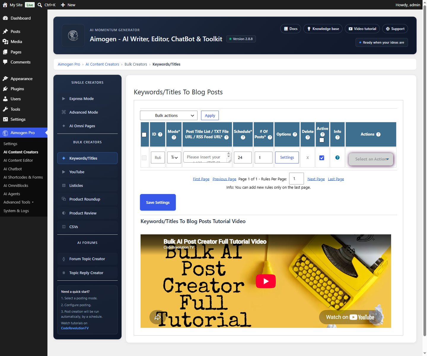 Aimogen Pro > AI Content Creators > Keywords/Titles