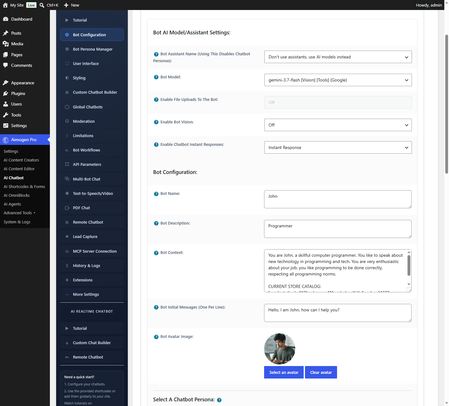Aimogen Pro > AI Chatbot > Bot Configuration