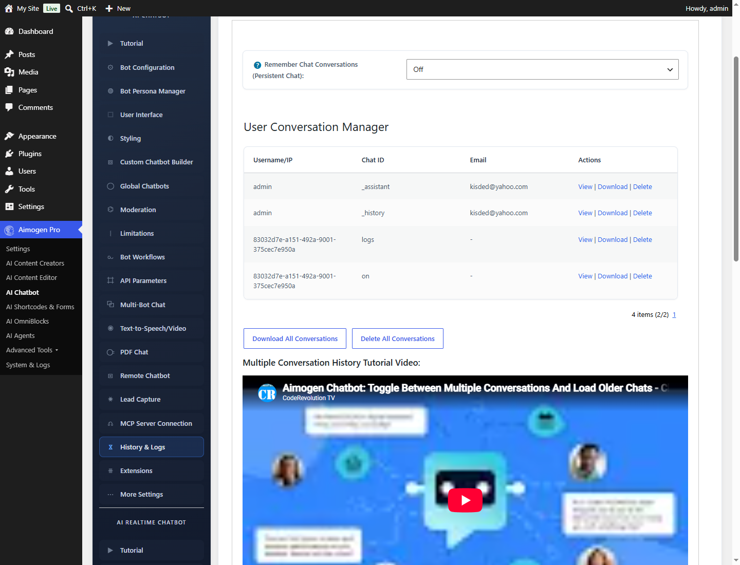 Aimogen Pro > AI Chatbot > History & Logs