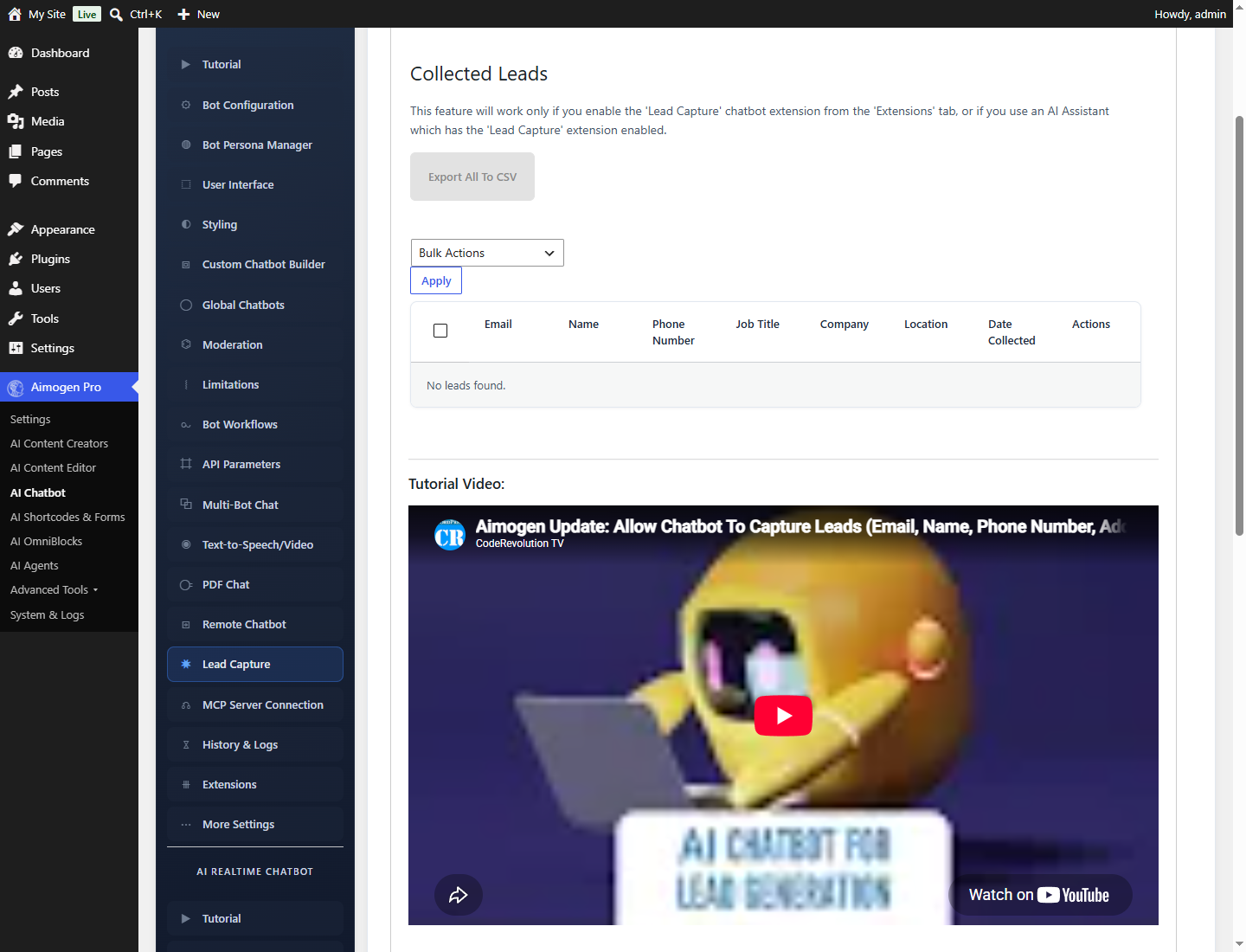 The WordPress admin list of Aimogen lead records