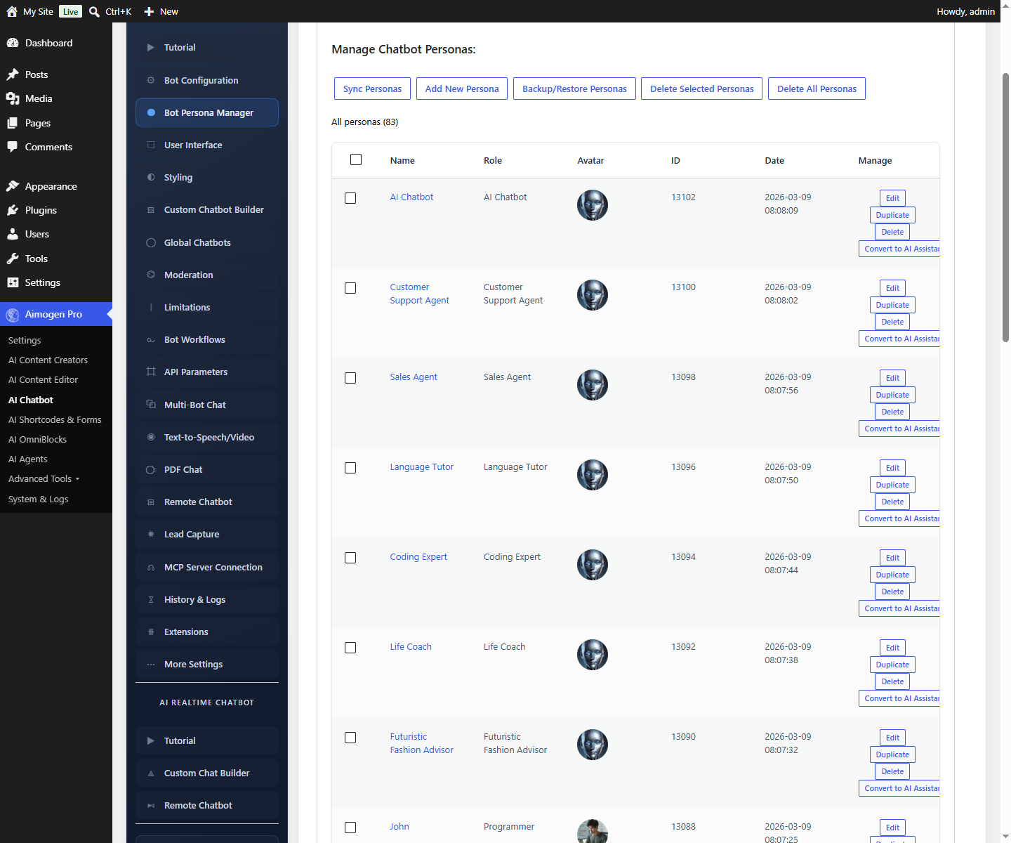 Aimogen Pro > AI Chatbot > Bot Persona Manager