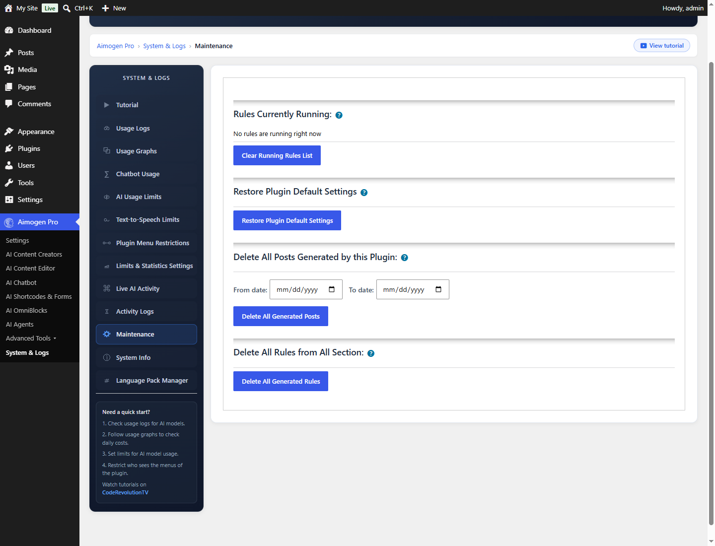 Aimogen Pro > System & Logs > Maintenance