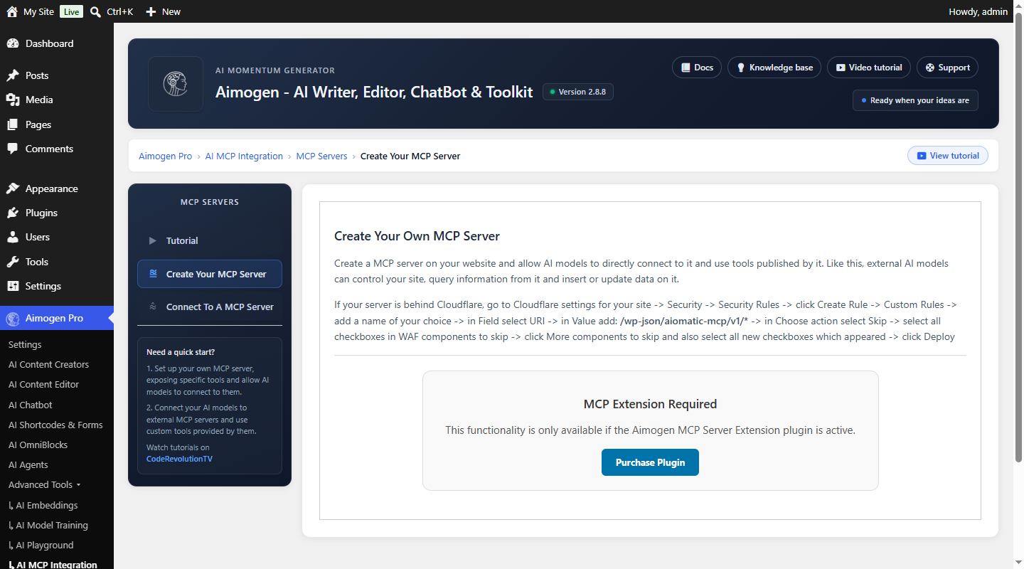 Aimogen Pro > Advanced Tools > AI MCP Integration, Create Your MCP Server tab