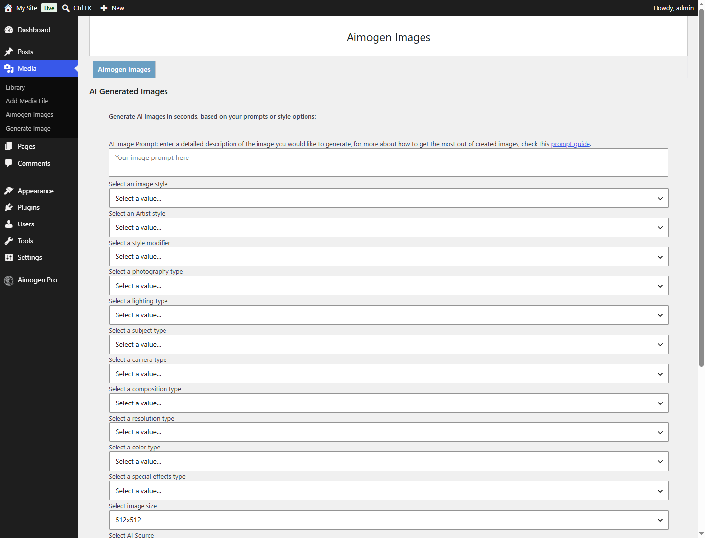 The WordPress Media > Aimogen Images screen