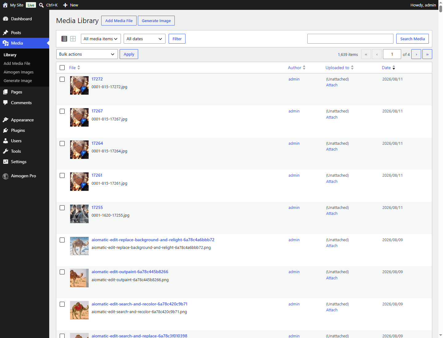 The WordPress Media Library with an image selected
