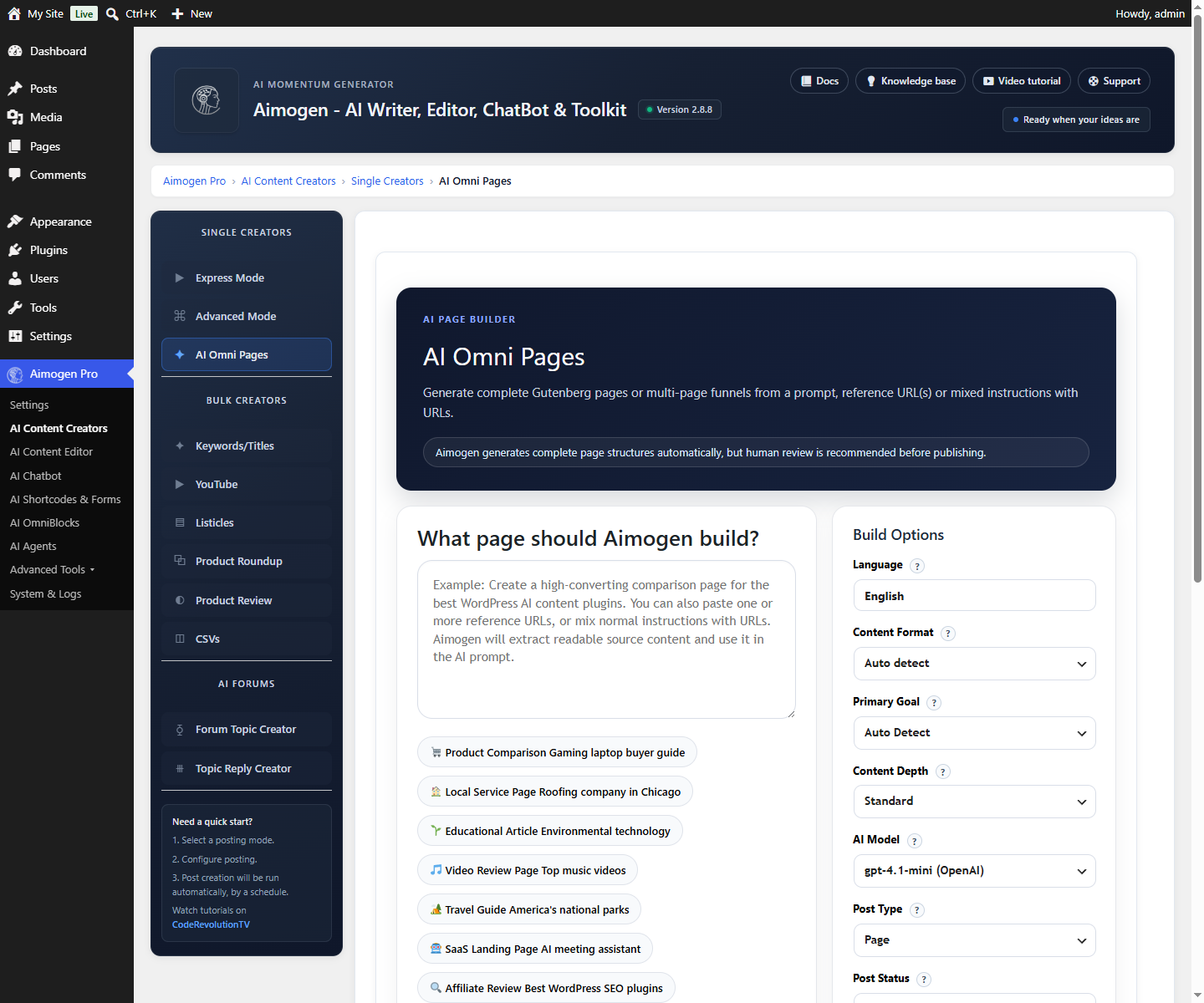 Aimogen Pro > AI Content Creators > AI Omni Pages
