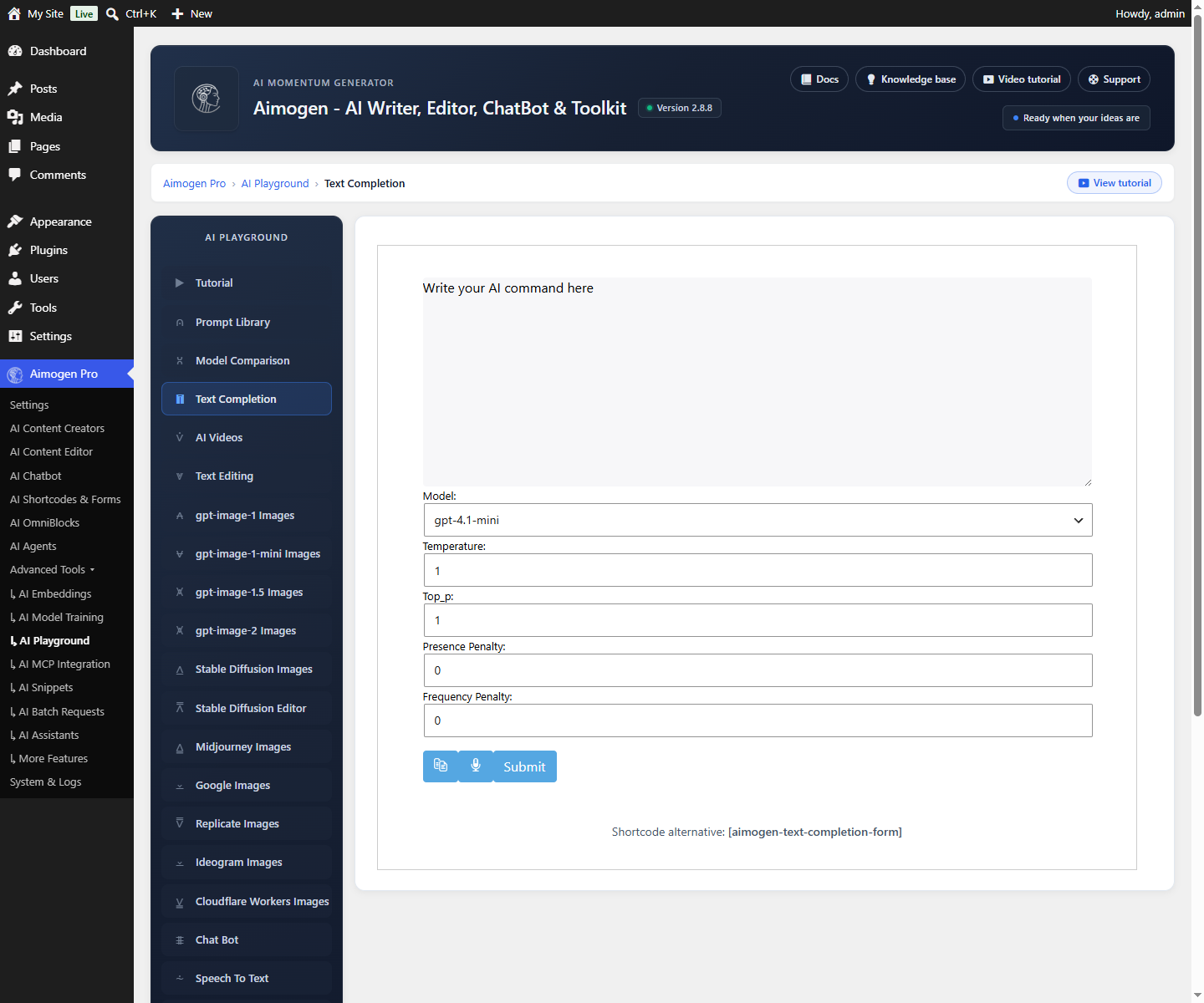 Aimogen Pro > Advanced Tools > AI Playground on the Model Comparison tab