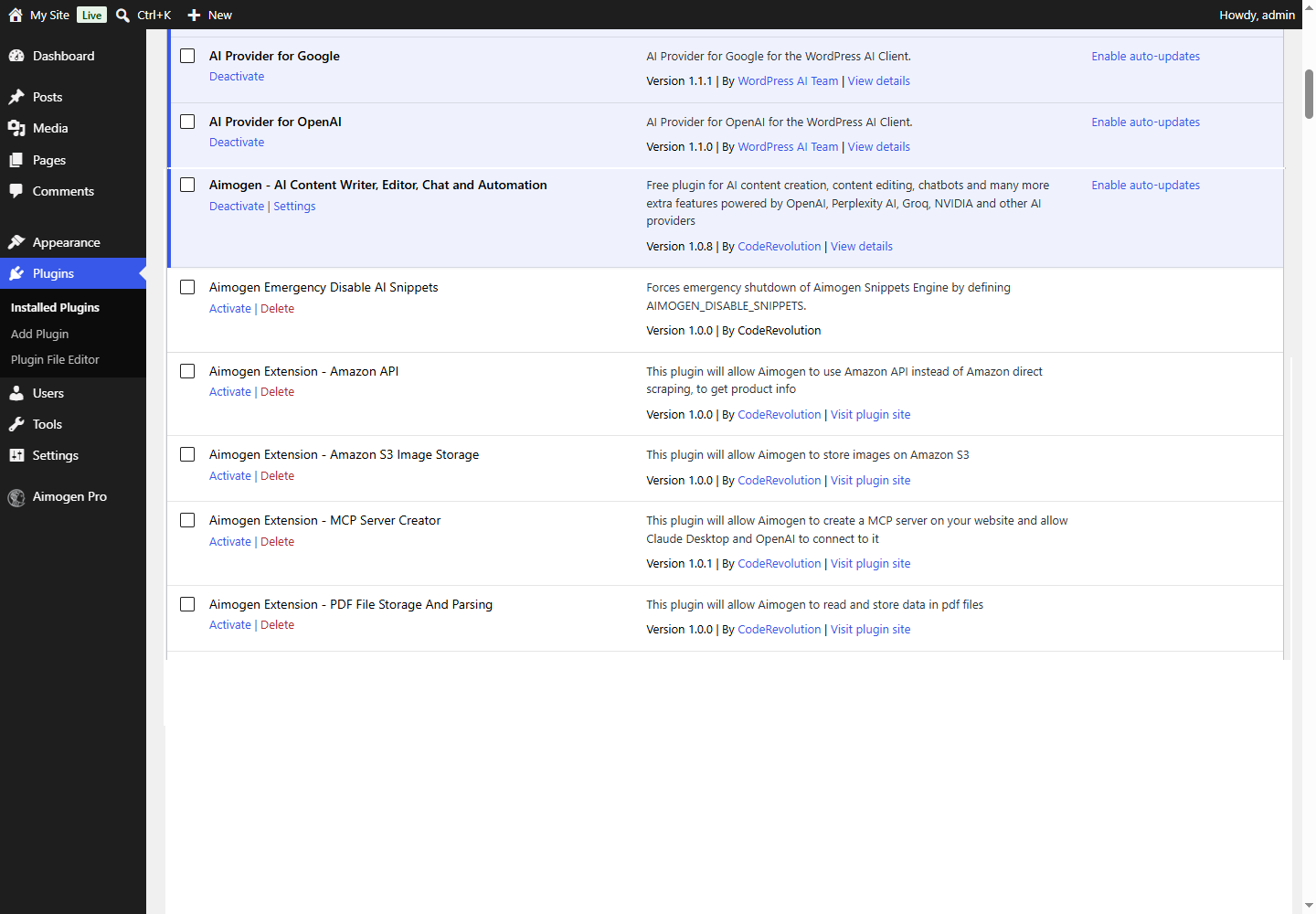 WordPress Plugins screen with the Aimogen Pro row