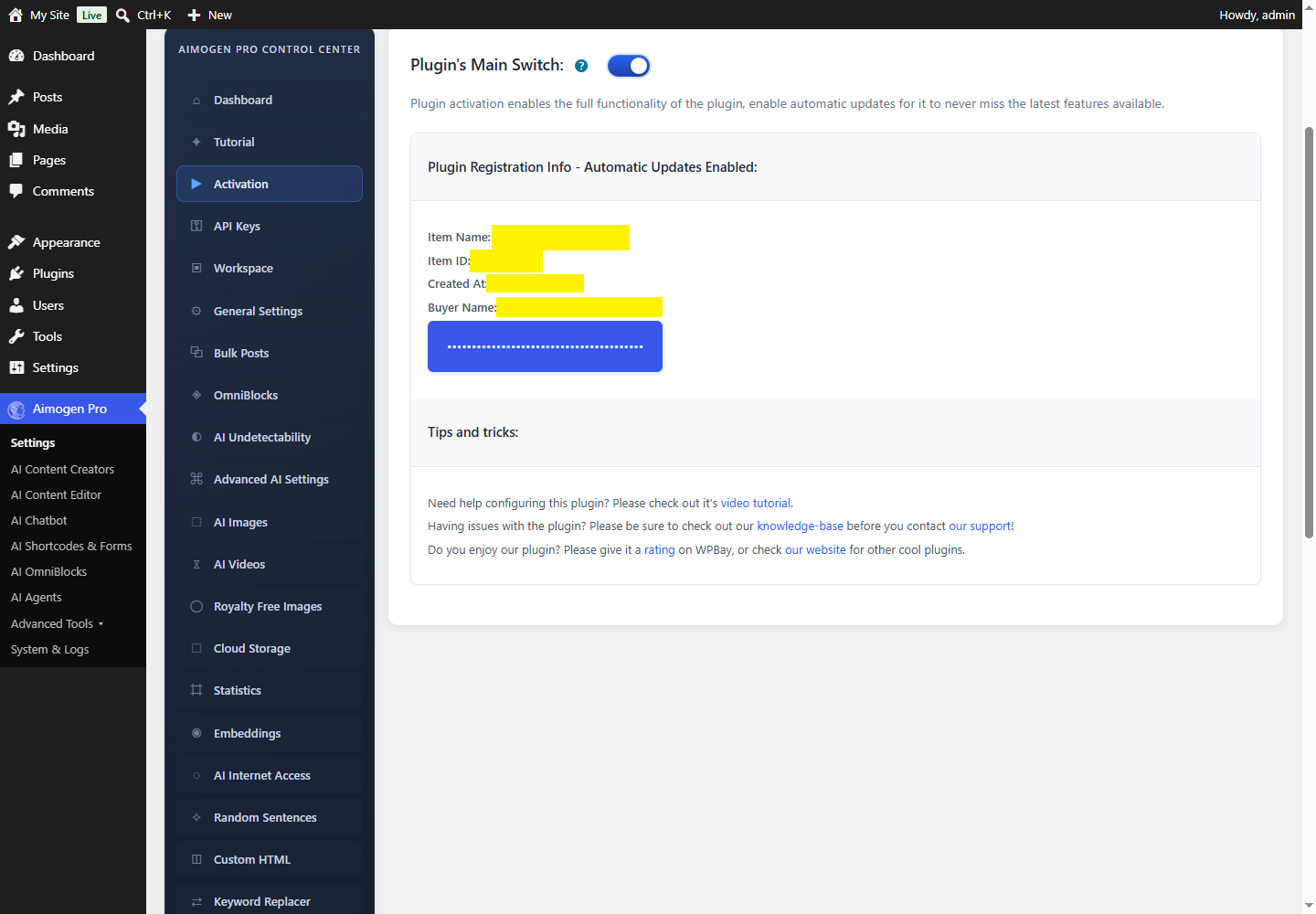 Aimogen Pro > Settings > Activation tab