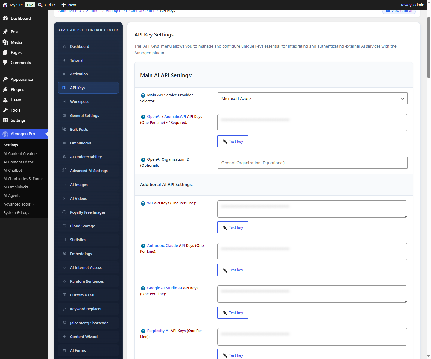 Aimogen Pro > Settings > API Keys with Main API Service Provider Selector set to azure