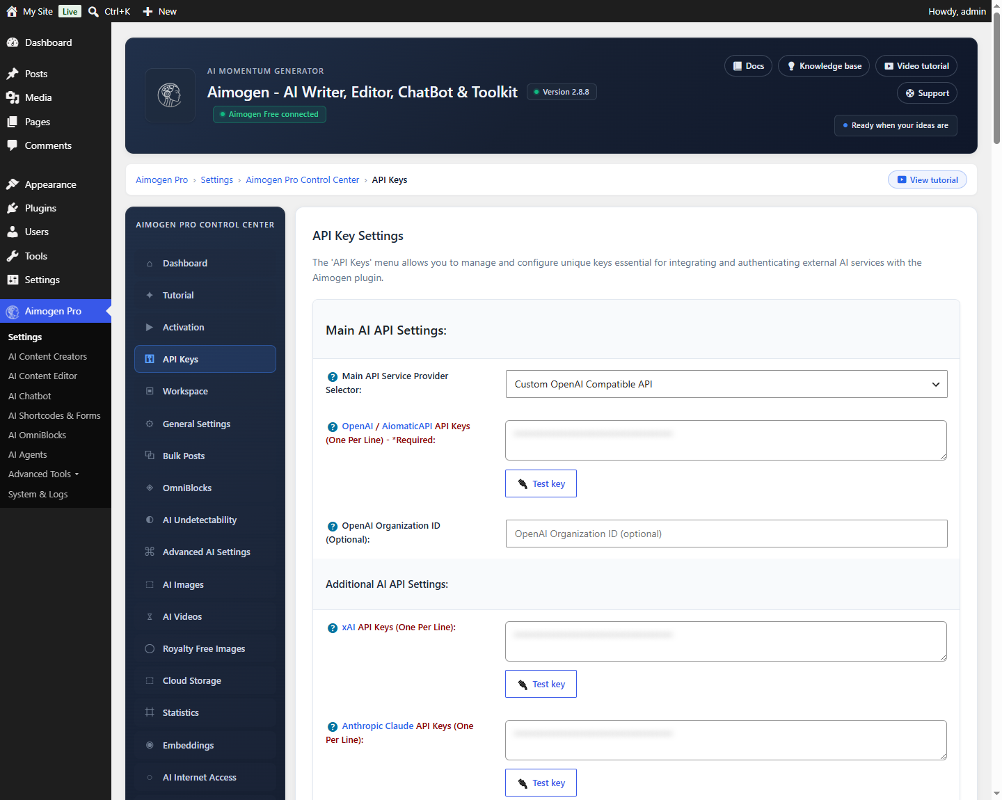 Aimogen Pro > Settings > API Keys with Main API Service Provider Selector set to custom
