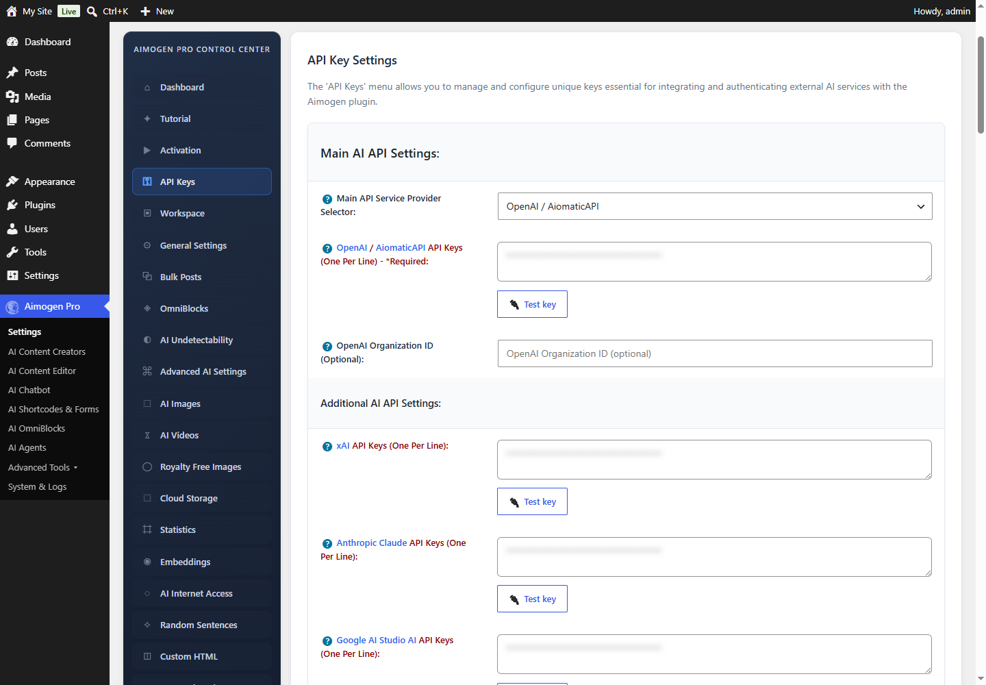 Aimogen Pro > Settings > API Keys