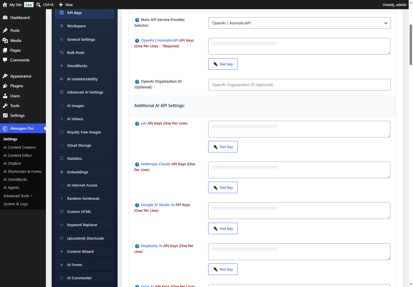 Aimogen Pro > Settings > API Keys tab