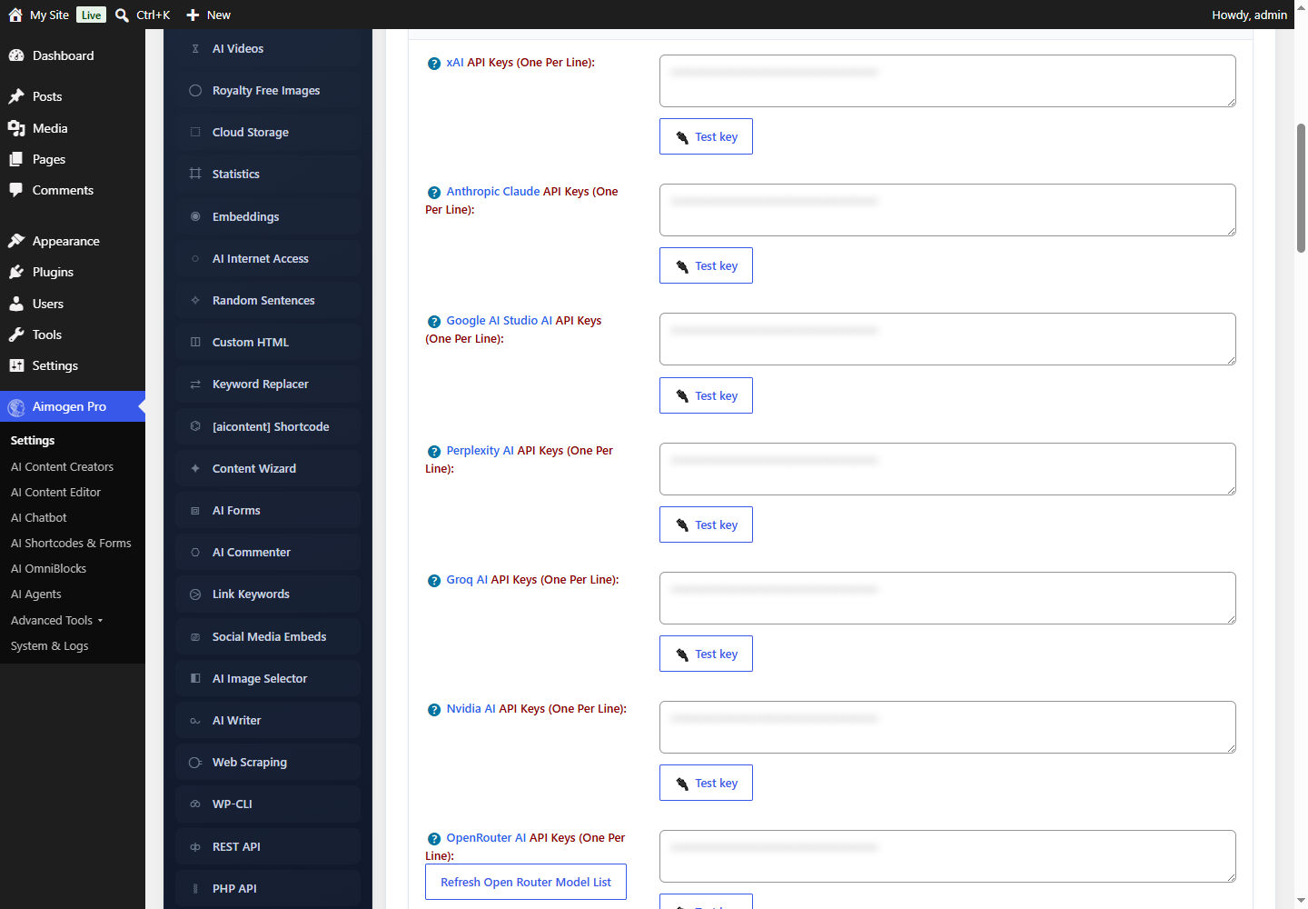 Aimogen Pro > Settings > API Keys tab, focused on the OpenAI and Anthropic Claude key textareas