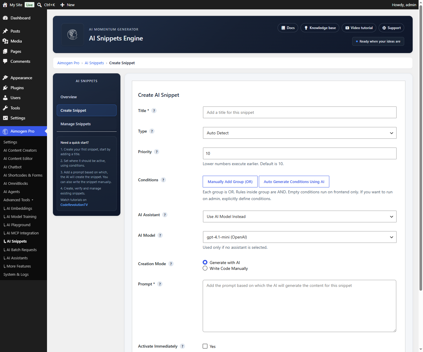 Aimogen Pro > Advanced Tools > AI Snippets