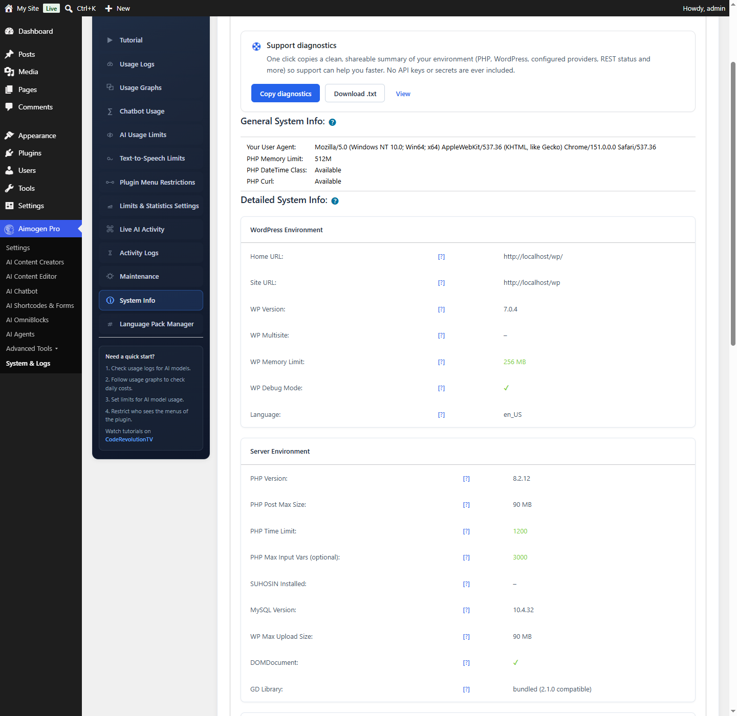 Aimogen Pro > System & Logs > System Info