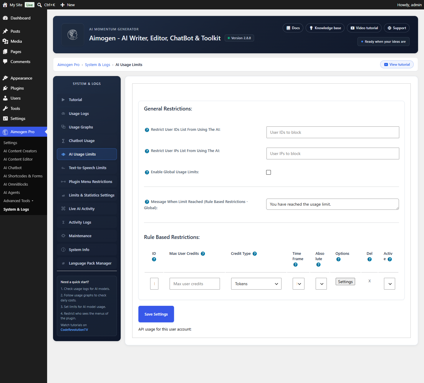 Aimogen Pro > System & Logs > AI Usage Limits