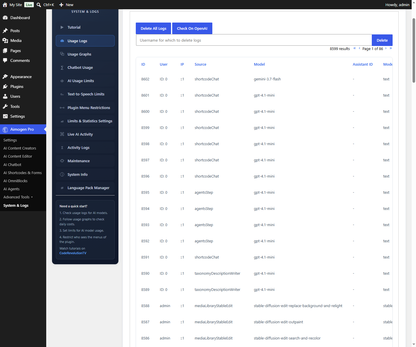Aimogen Pro > System & Logs > Usage Logs