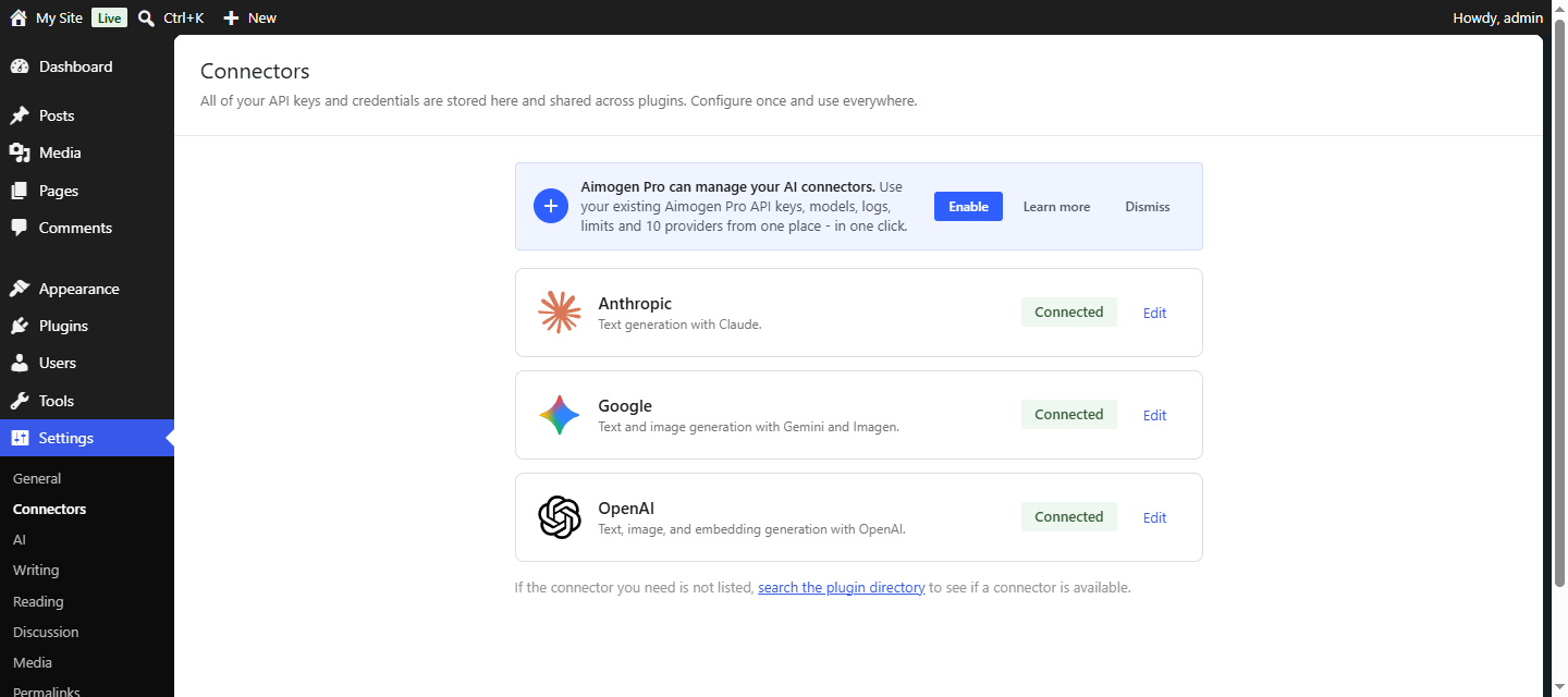 The WordPress Settings > Connectors screen